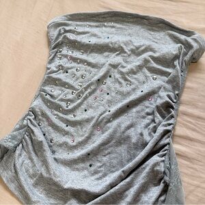Y2K Gray Strapless Top with Rhinestone Accents